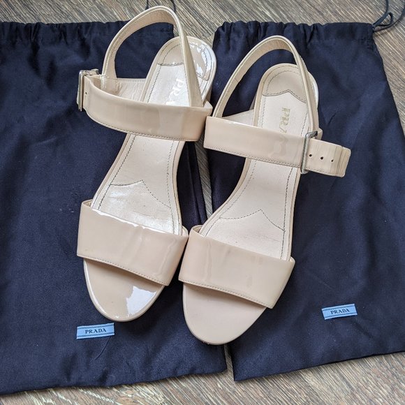 Prada Beige Patent Leather Platform Sandals - Picture 1 of 5
